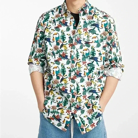 [L]DJAB For Simons Tropical Toucan  Bird Print L/S Button Down Shirt-NWOT - Picture 1 of 13
